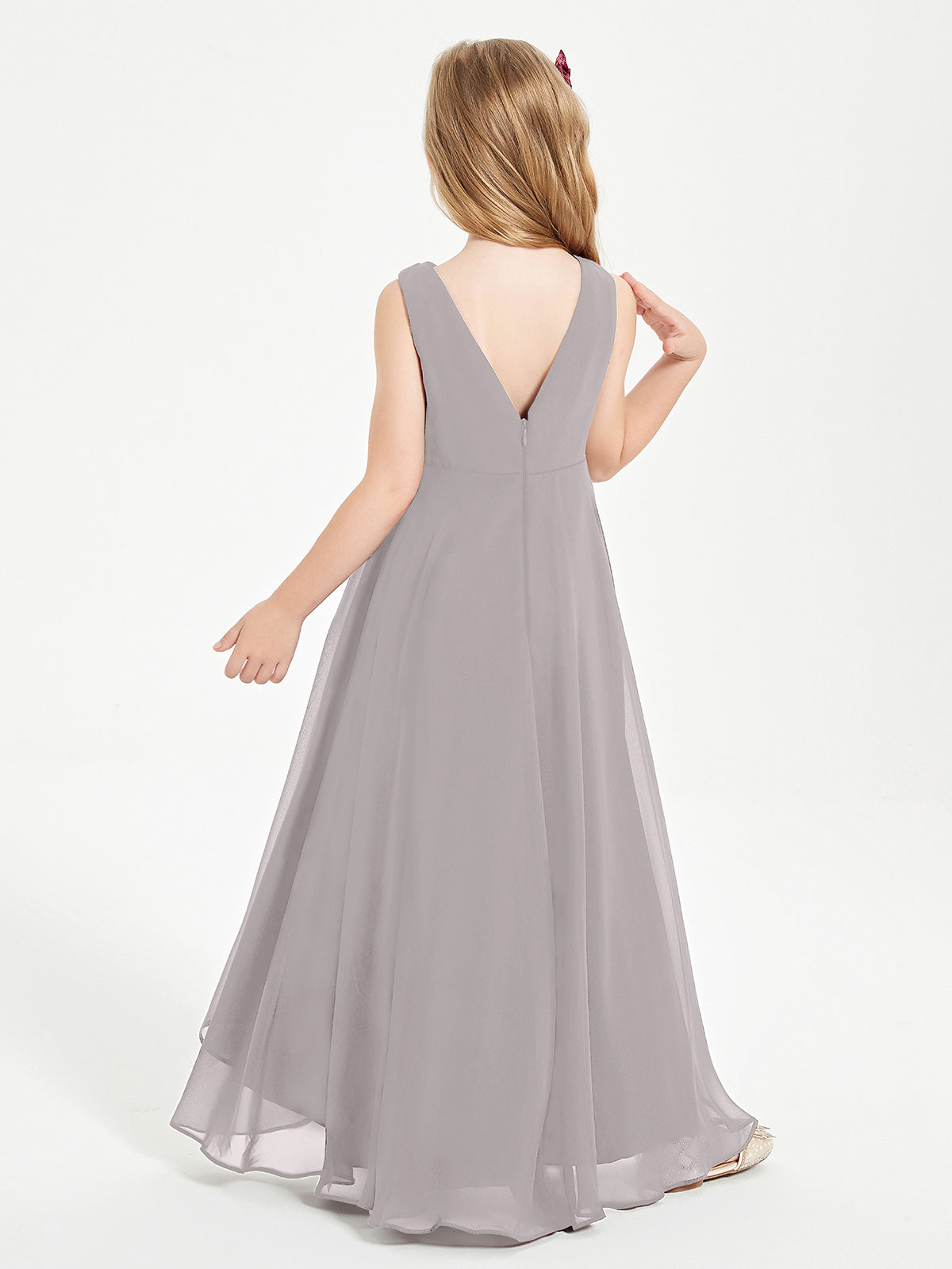 Modern Asymmetrical Cowl Neck Junior Bridesmaid Dresses Silver